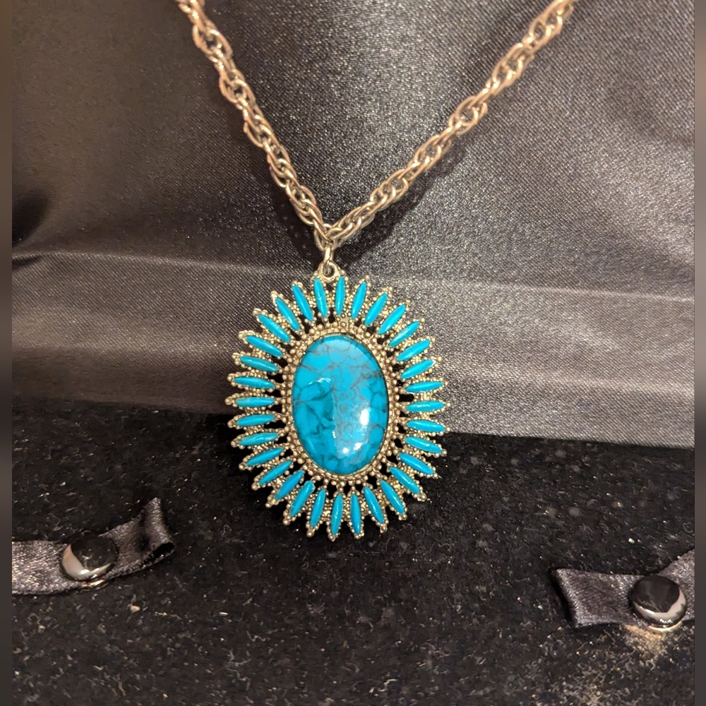Faux turquoise pendant with silver necklace